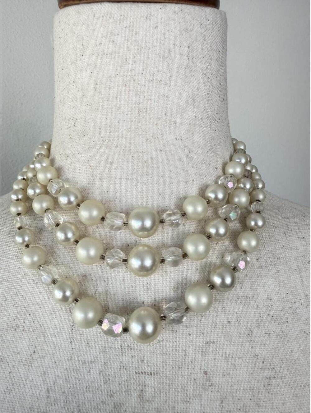 Vintage Faux Pearl & Crystal Multi-Strand Necklace